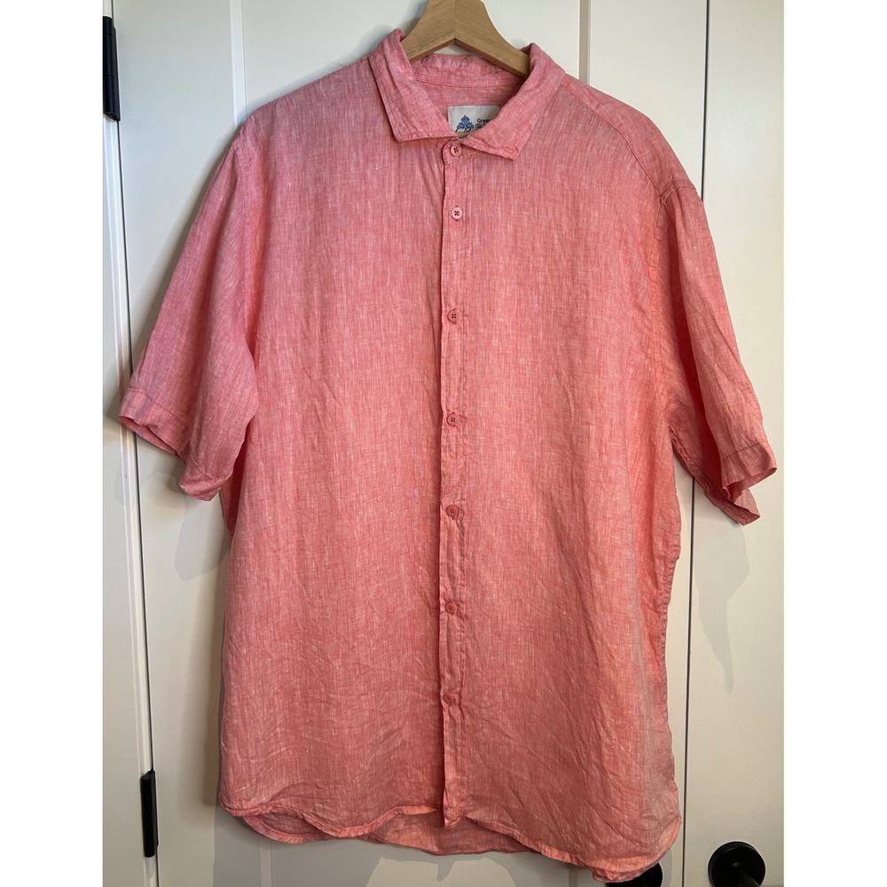 Greek Island Breeze Mens Coral Pink 100% Pure Linen Short Sleeve Button Shirt